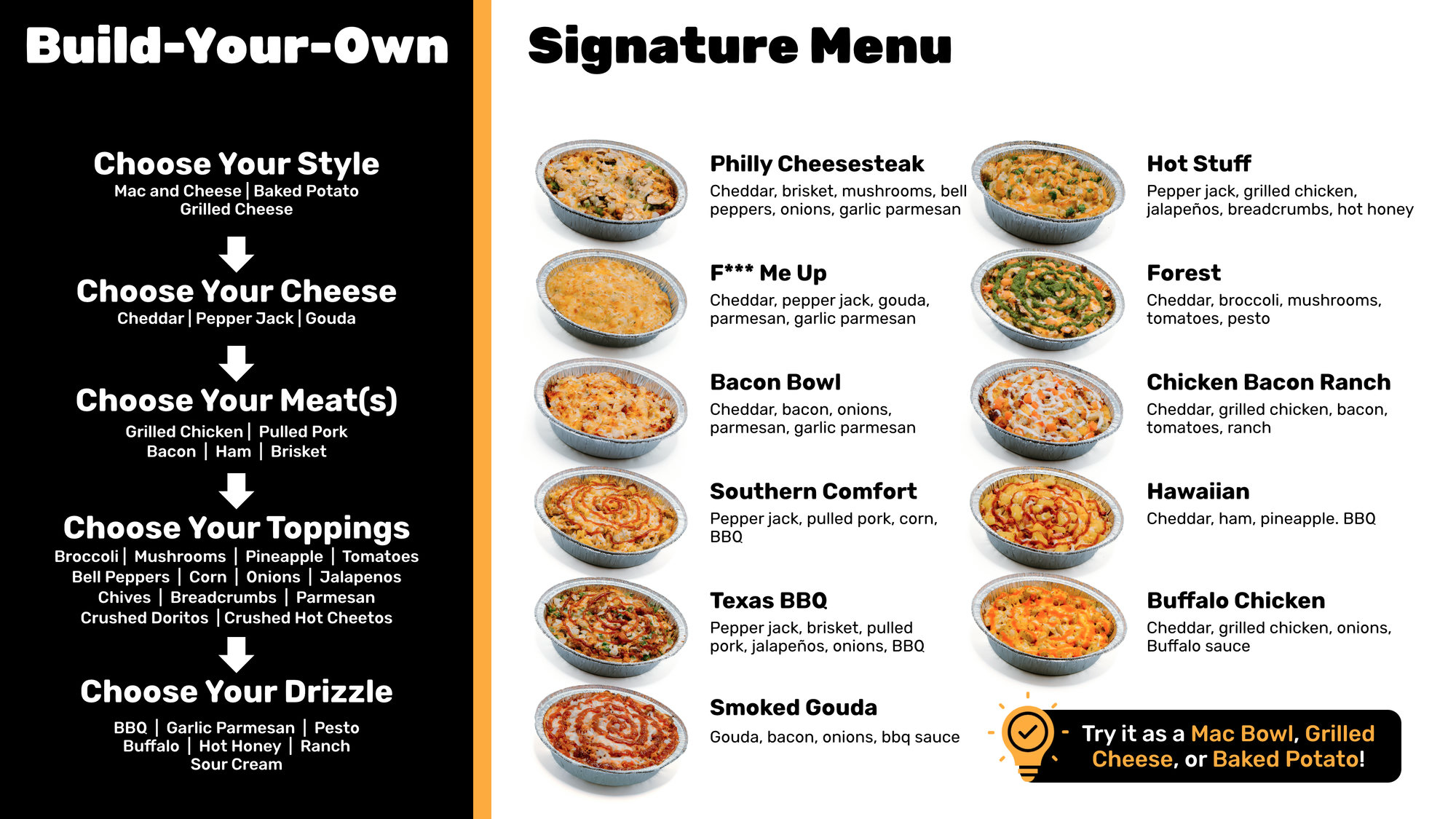 Roni’s Mac Bar build-your-own and signature menu with item names and descriptions