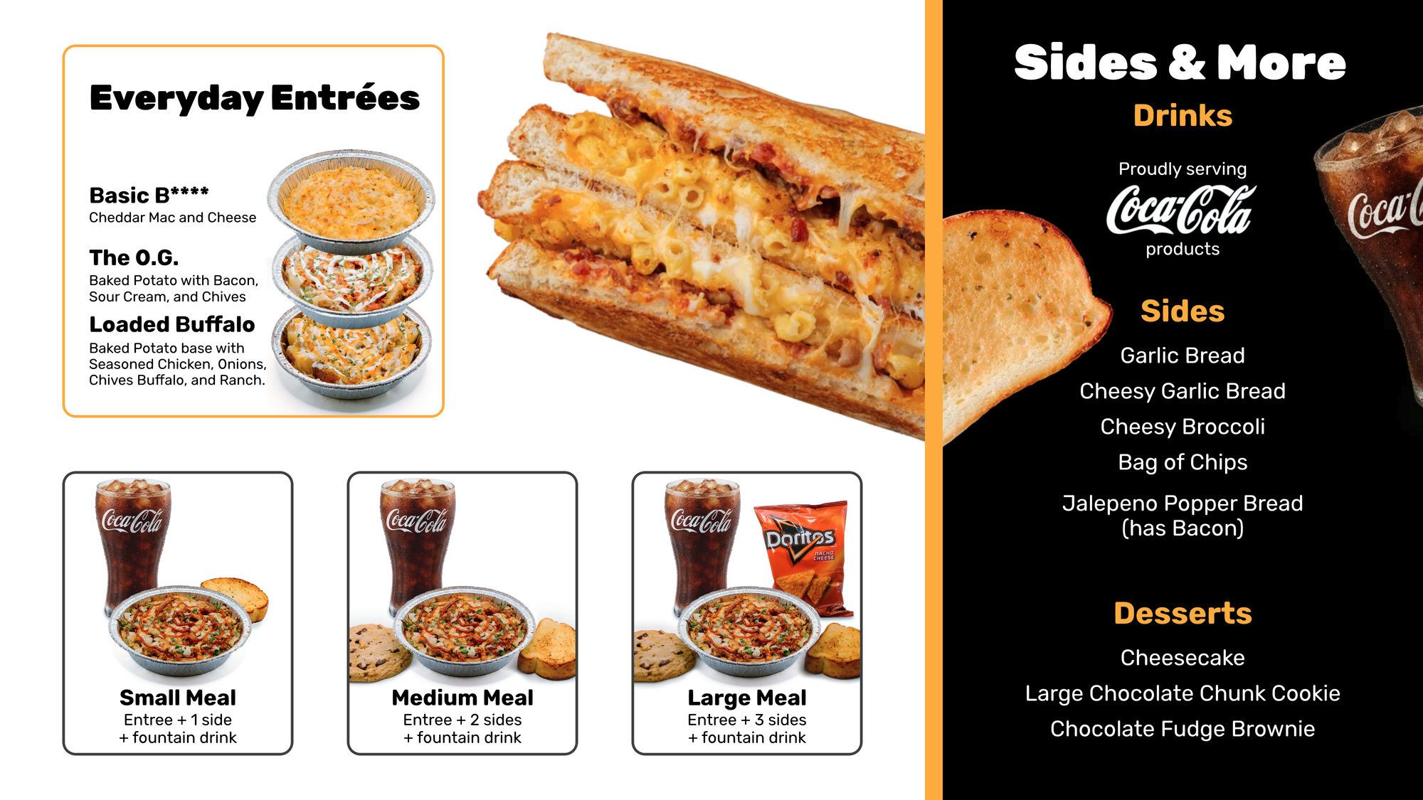 Roni’s Mac Bar everyday entrées, meal options, drinks, sides, and desserts menu